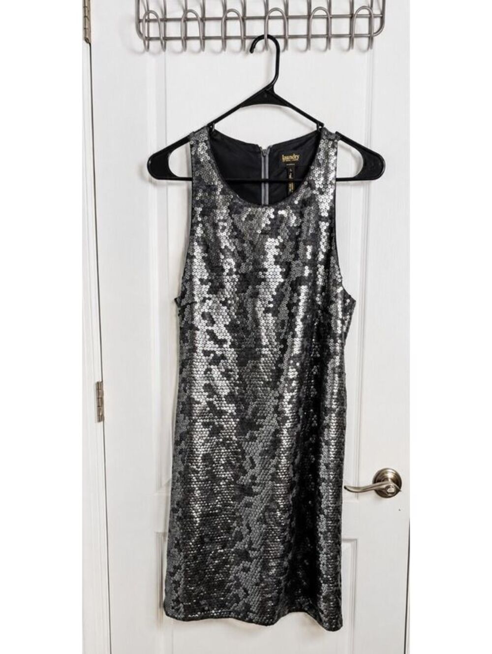 Laundry by Shelli Segal L Silver Sequin Dress Gunmetal Cocktail Party Glam
